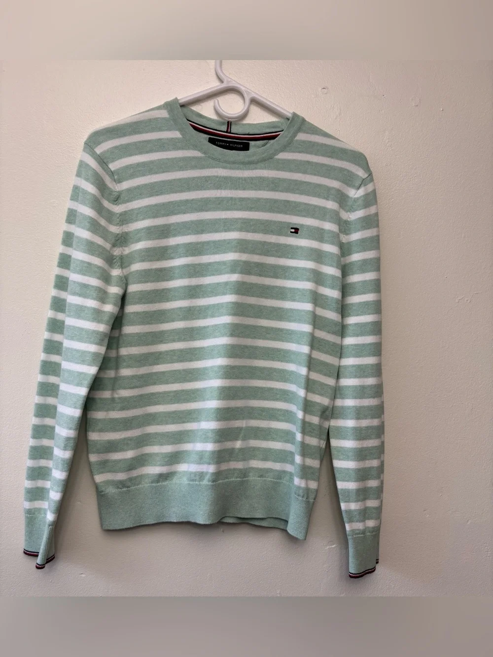 Tommy Hilfiger Men’s Small Mint Green White Striped Crewneck Sweater